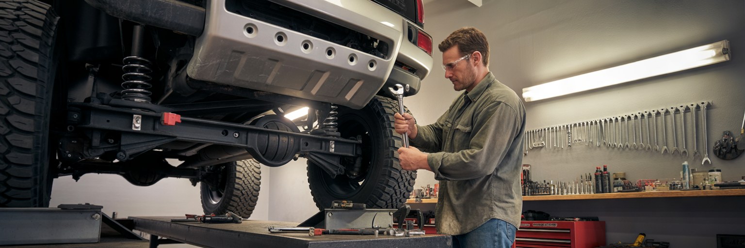 Mechanic servicing SUV differential and suspension