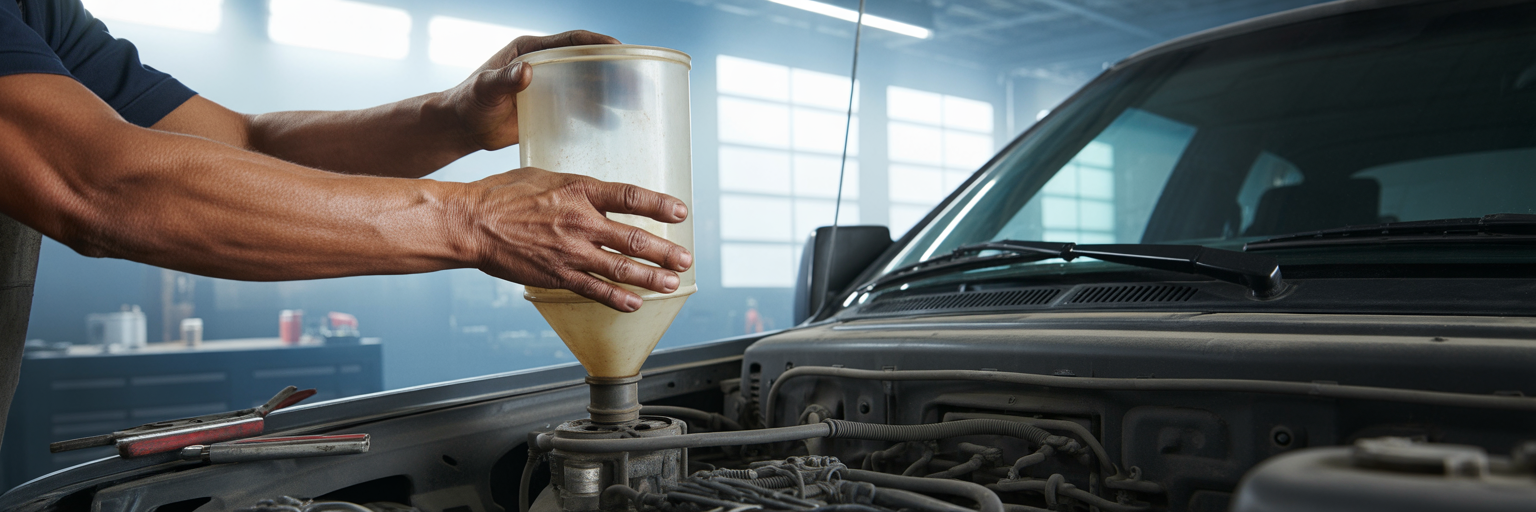 Mechanic using a spill-free funnel on a radiator.