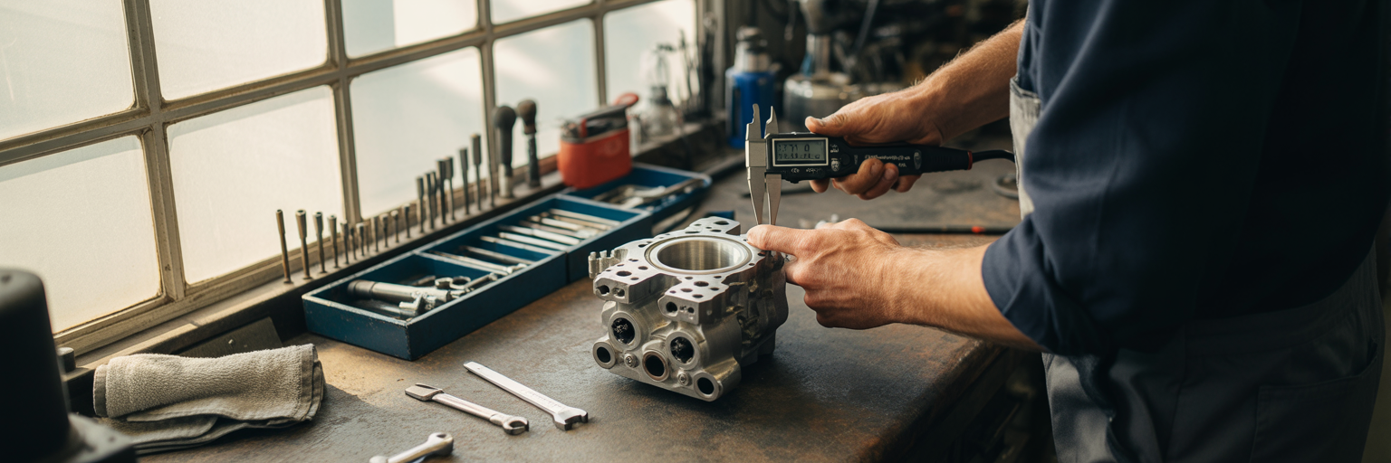 Mechanic using precision tool on engine part