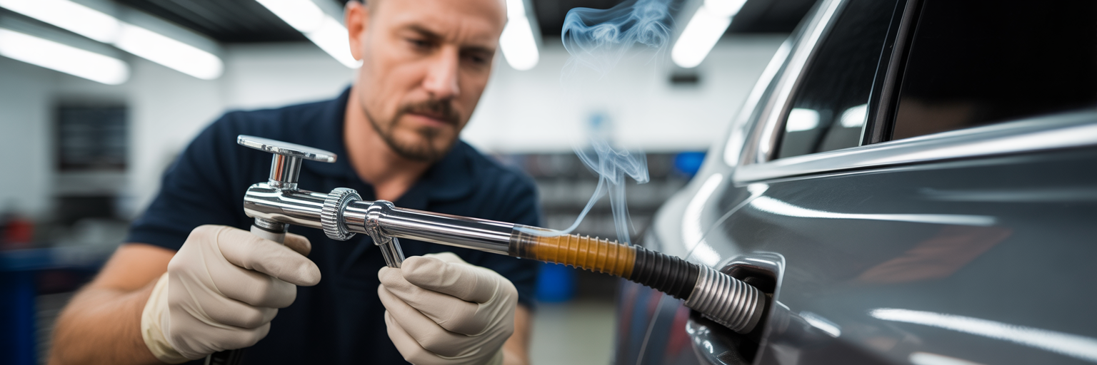 Mechanic using smoke machine on car