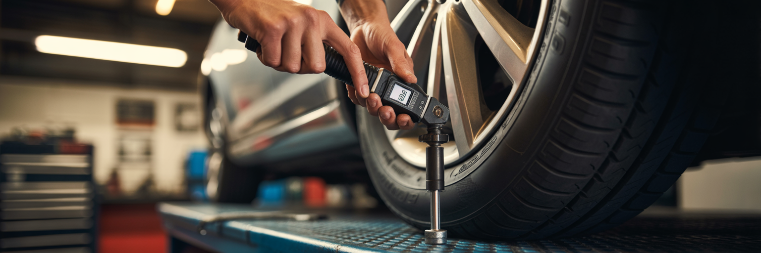 Mechanic using TPMS tool on car tire.