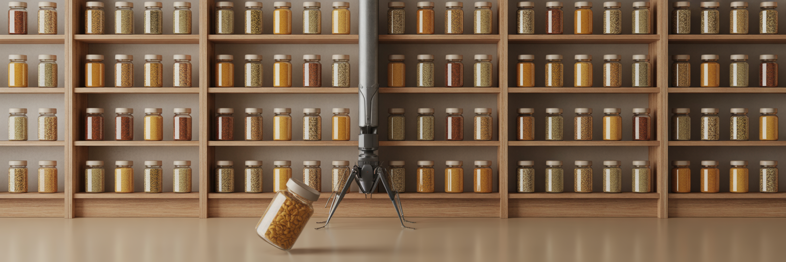 Mechanical arm pushing jar off shelf.