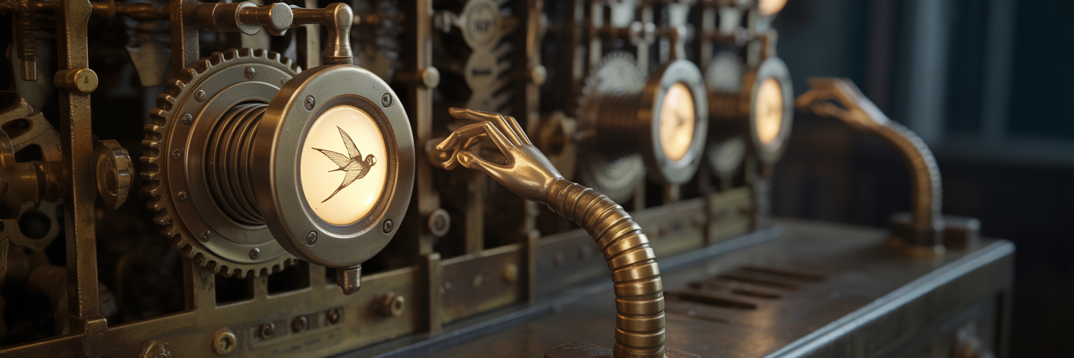 Mechanical arm reaching for a bird-labeled switch.