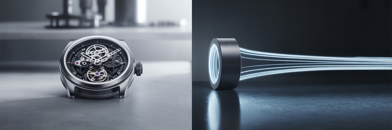 Mechanical gears versus flowing electric light.