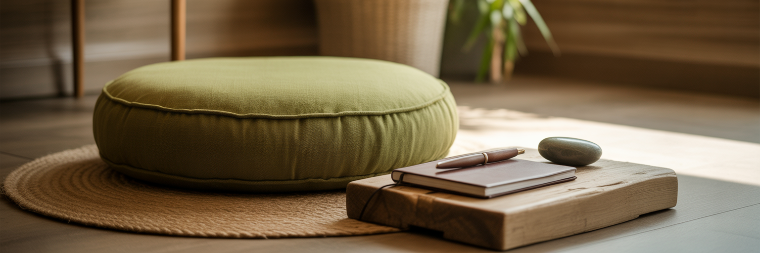 Meditation corner with cushion and journal.