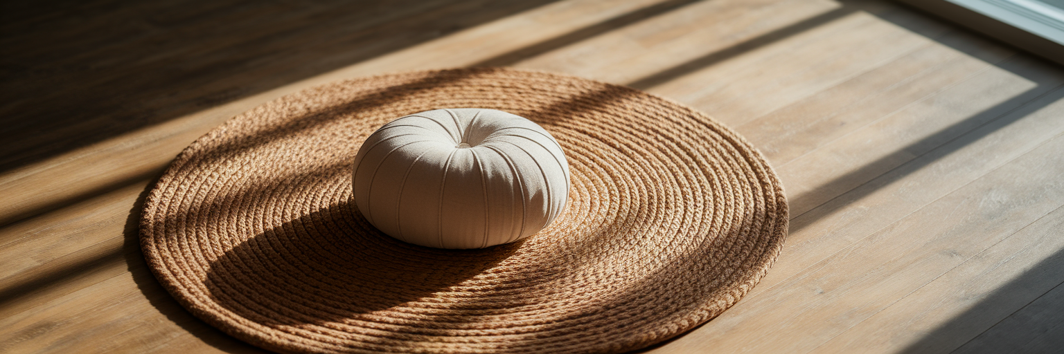 Meditation cushion on a rug in morning light.