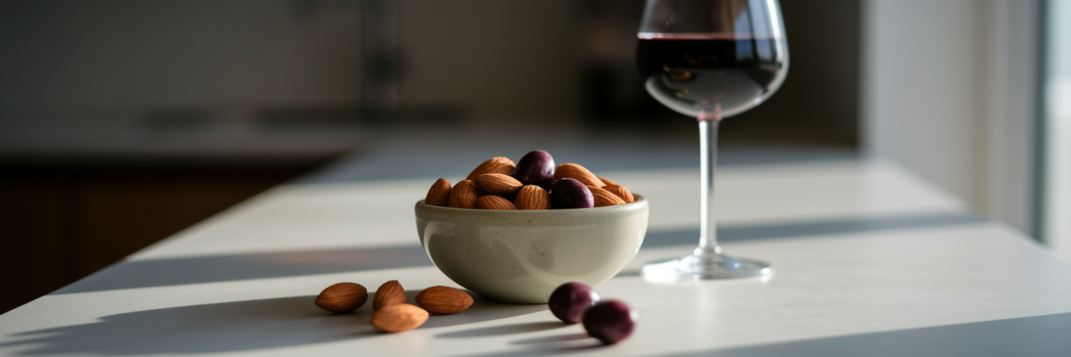 Mediterranean snack of almonds olives wine.