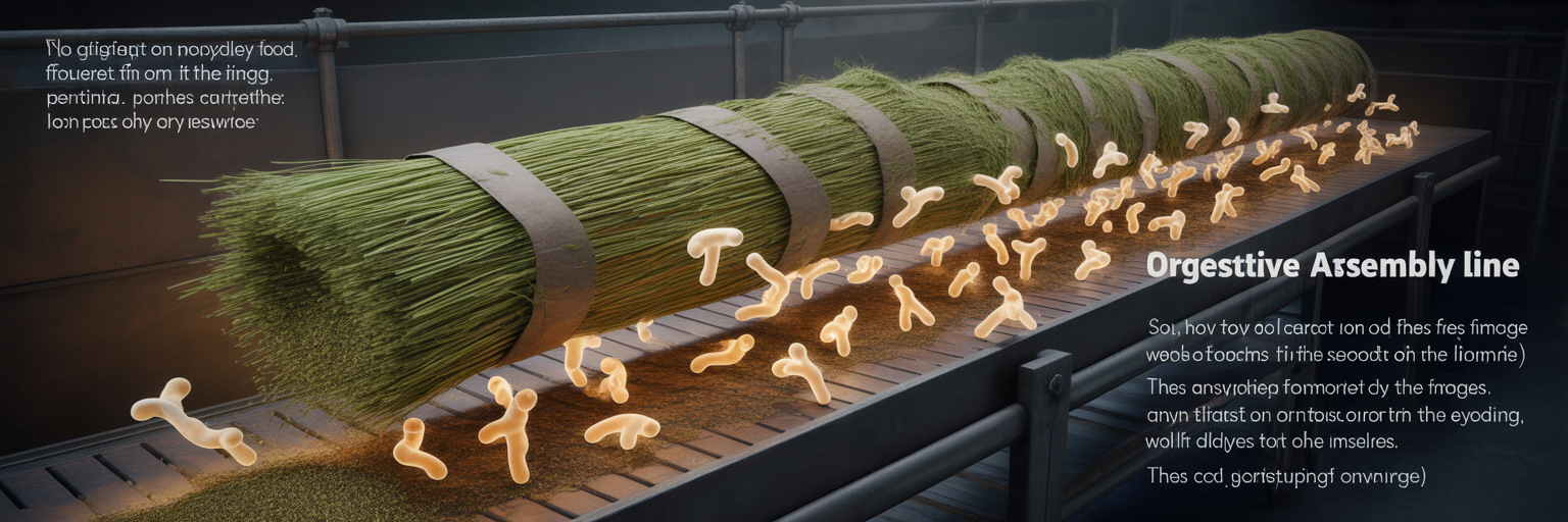 Metaphorical assembly line of microbes digesting plant fiber.