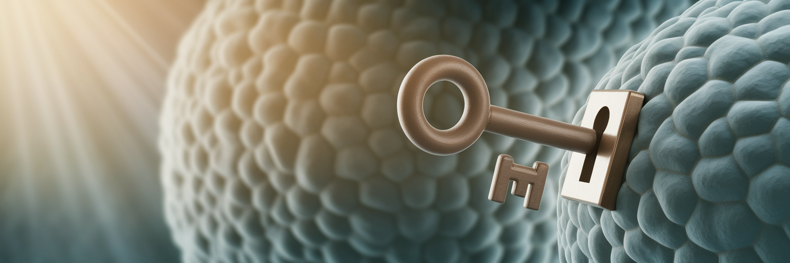 Metaphorical key fitting into cellular lock