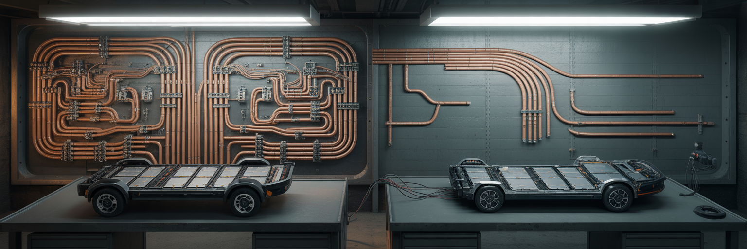 Metaphorical view of two EV battery packs and their charging networks.