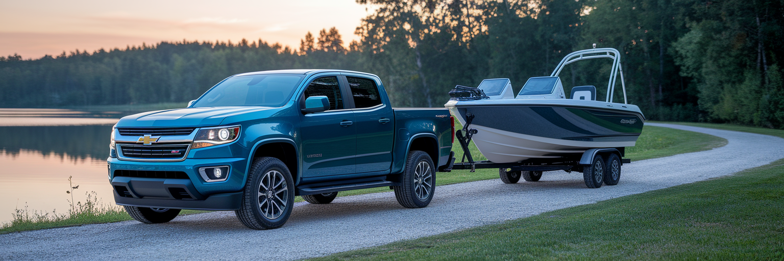 Mid-size truck towing fishing boat by lake.