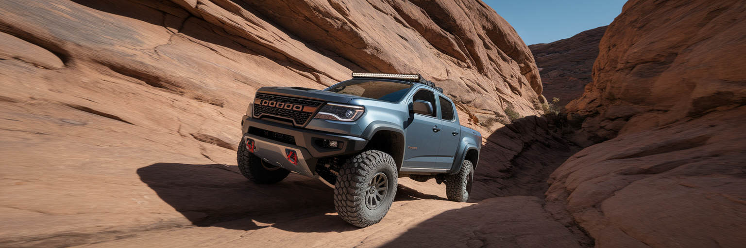 Midsize off-road truck on rocky trail.