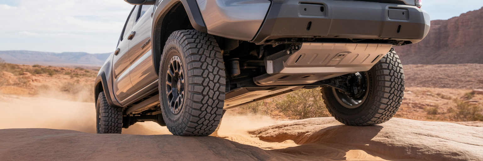 Midsize truck navigating rocky off-road terrain.