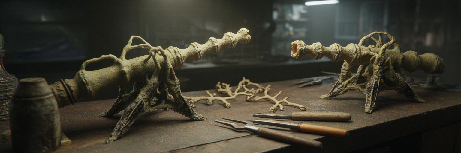 Miniature fungal artillery on workshop bench.