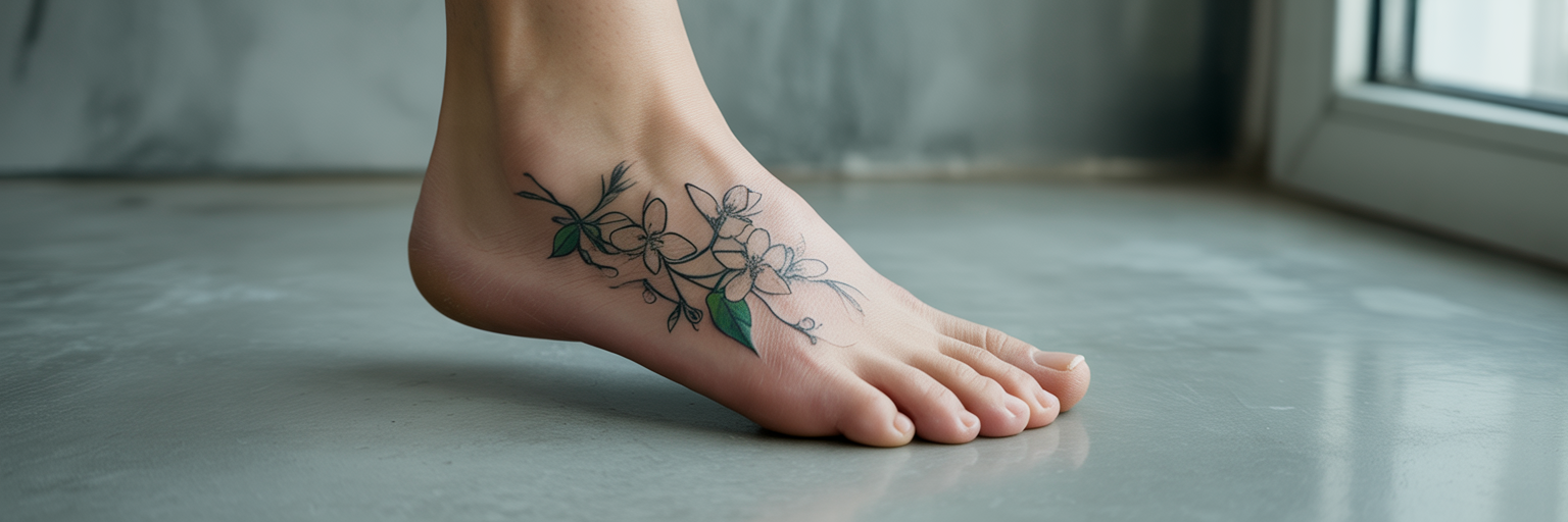 Minimalist fine-line flower foot tattoo.