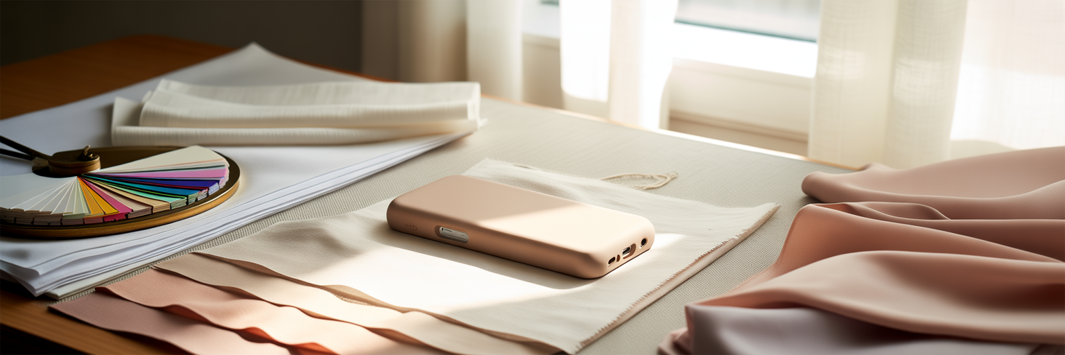 Minimalist rectangle phone case on designer worktable.