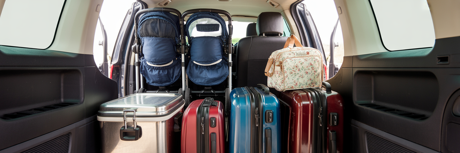 Minivan cargo area packed with stroller and suitcases.