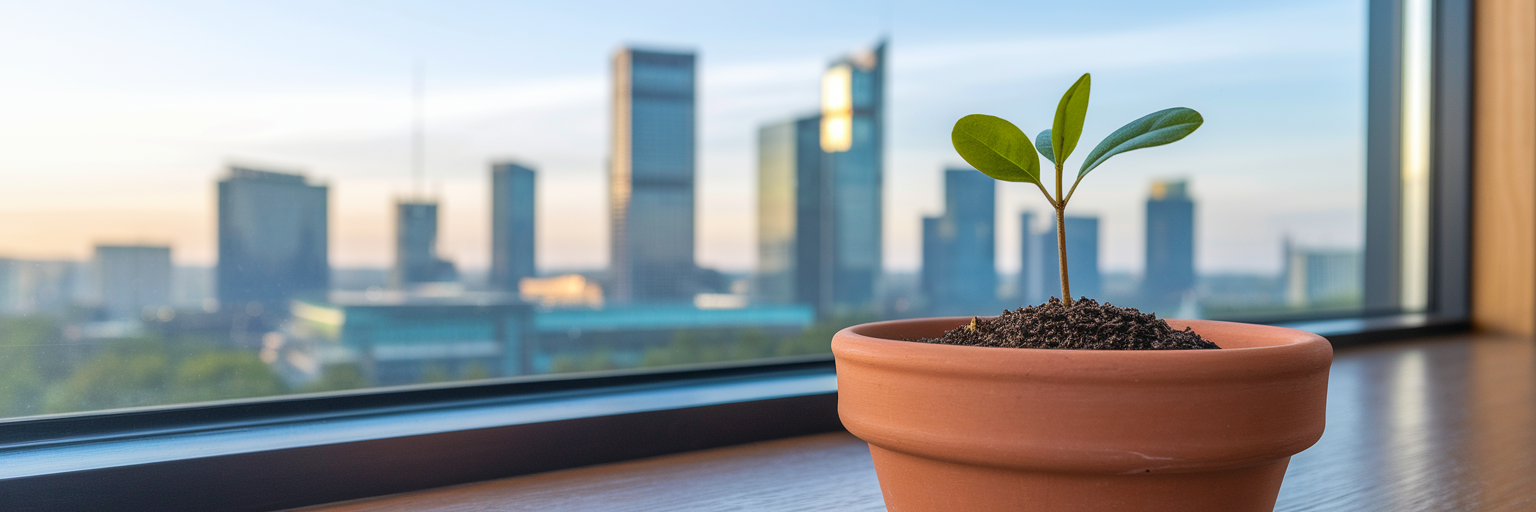 Młoda roślina w doniczce na parapecie