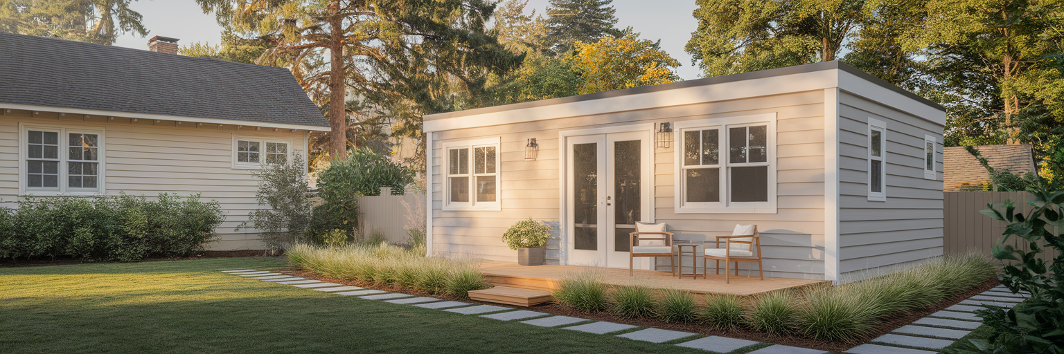 Modern accessory dwelling unit in suburban backyard.