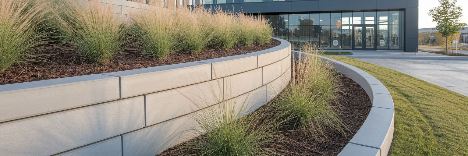 Modern commercial concrete retaining wall.