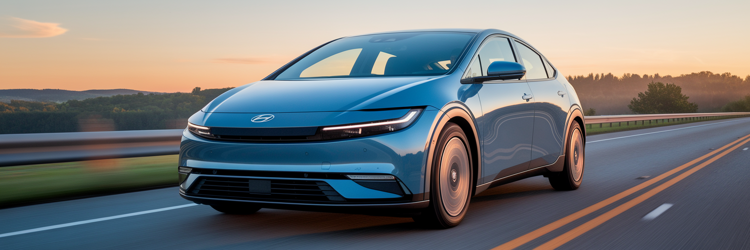 Modern hybrid car on open highway.