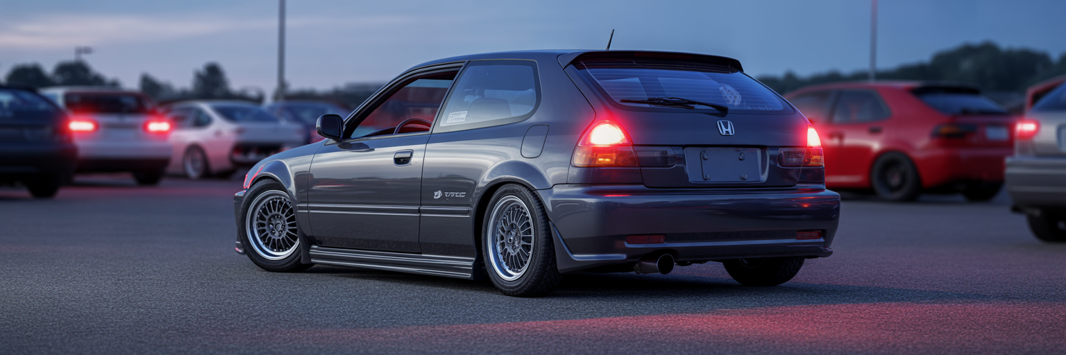Modified Honda Civic at twilight car meet.