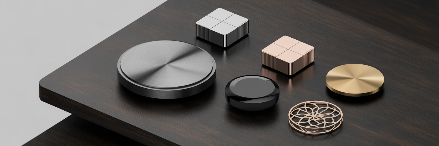 Modular smart jewelry components on desk.