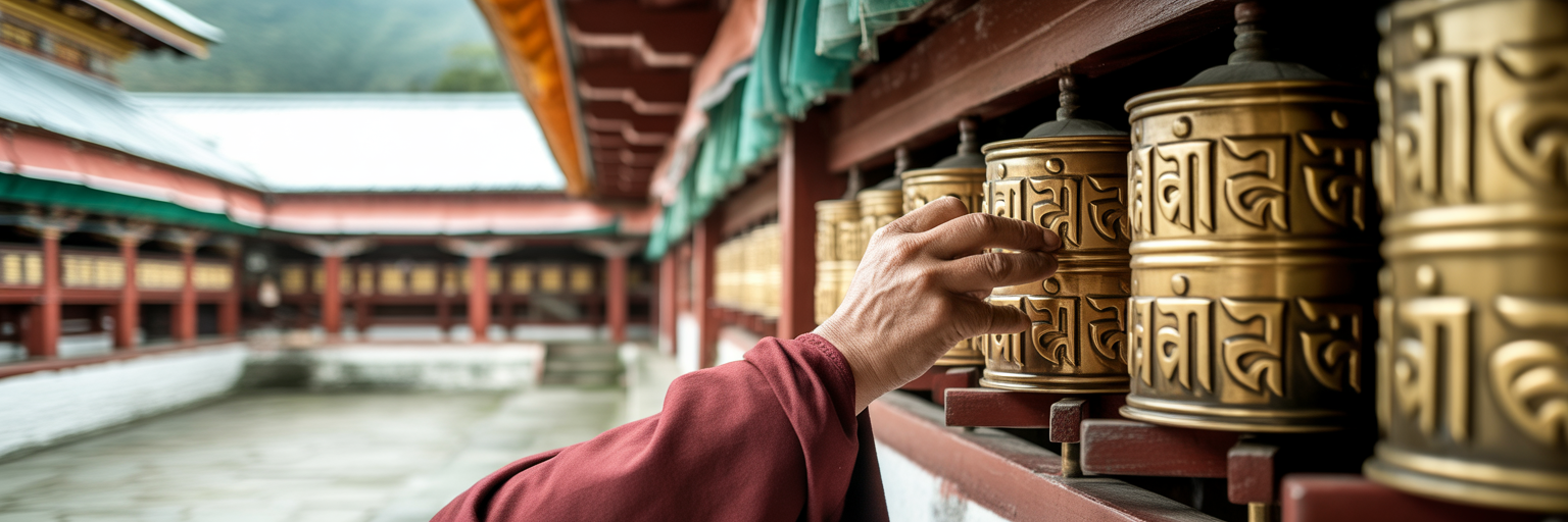 Monk's hand spinning a prayer wheel in Sikkim.