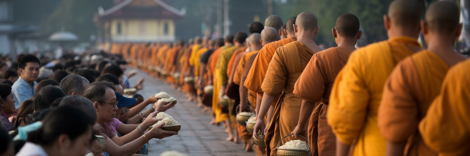 Monks receiving alms at sunrise in Luang Prabang.