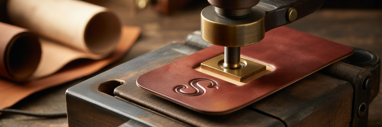 Monogram letter being embossed on leather.