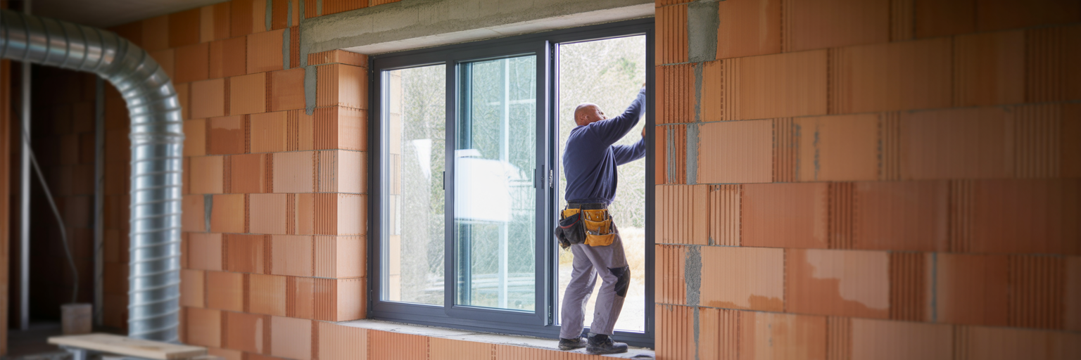 Montaż energooszczędnego okna na budowie domu.