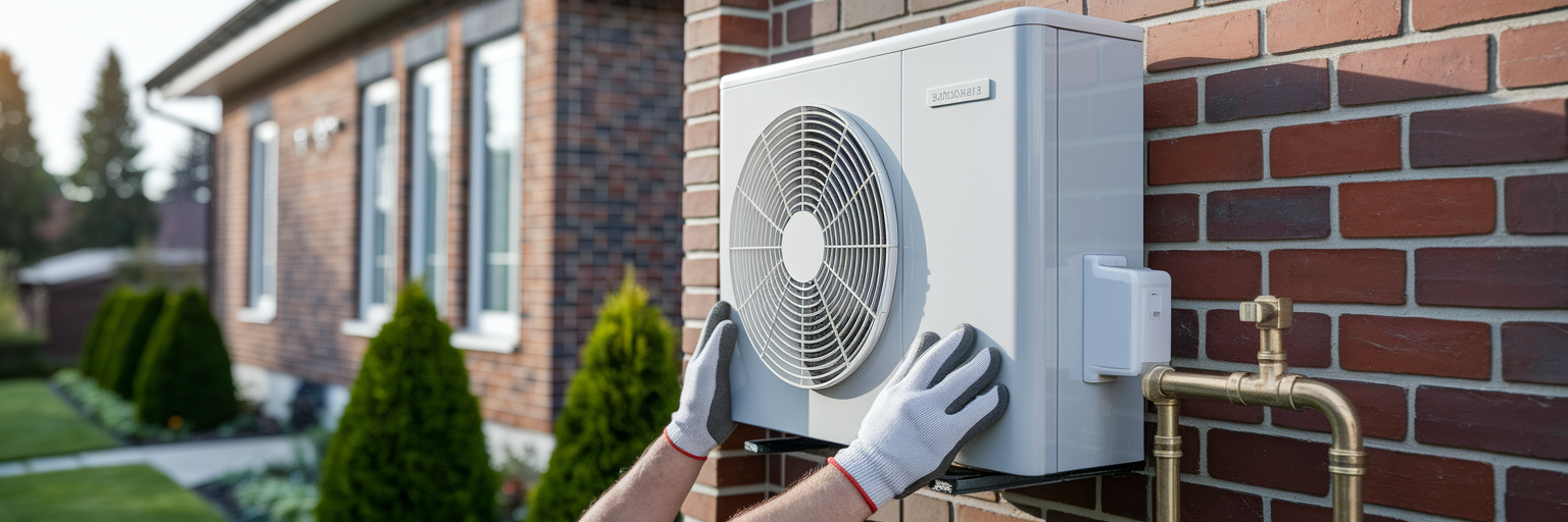 Montaż pompy ciepła na ścianie domu.