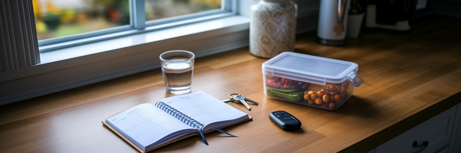 Morning routine with planner and lunchbox.