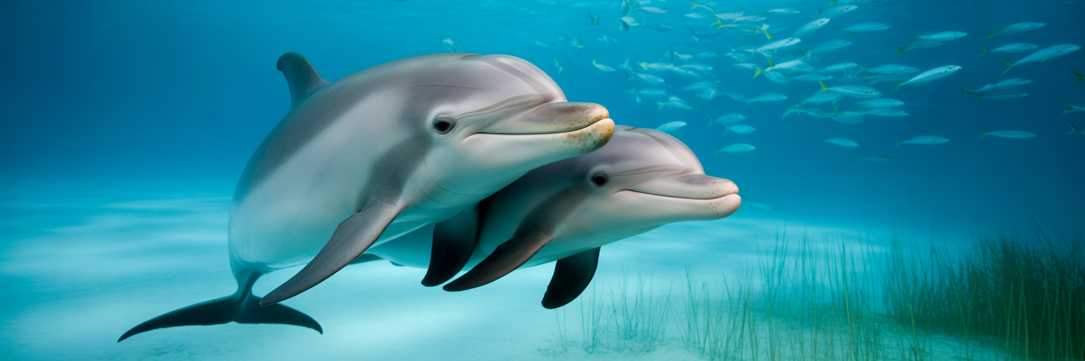 Mother and calf dolphin swimming together.