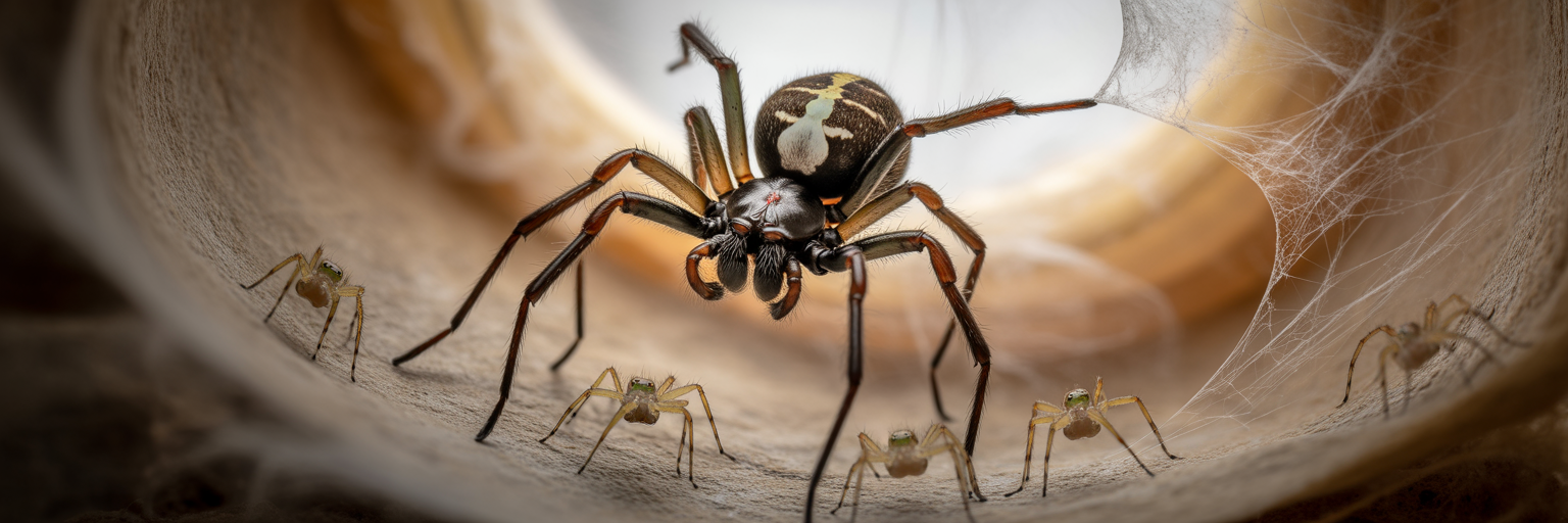 Mother spider repairing nest with young
