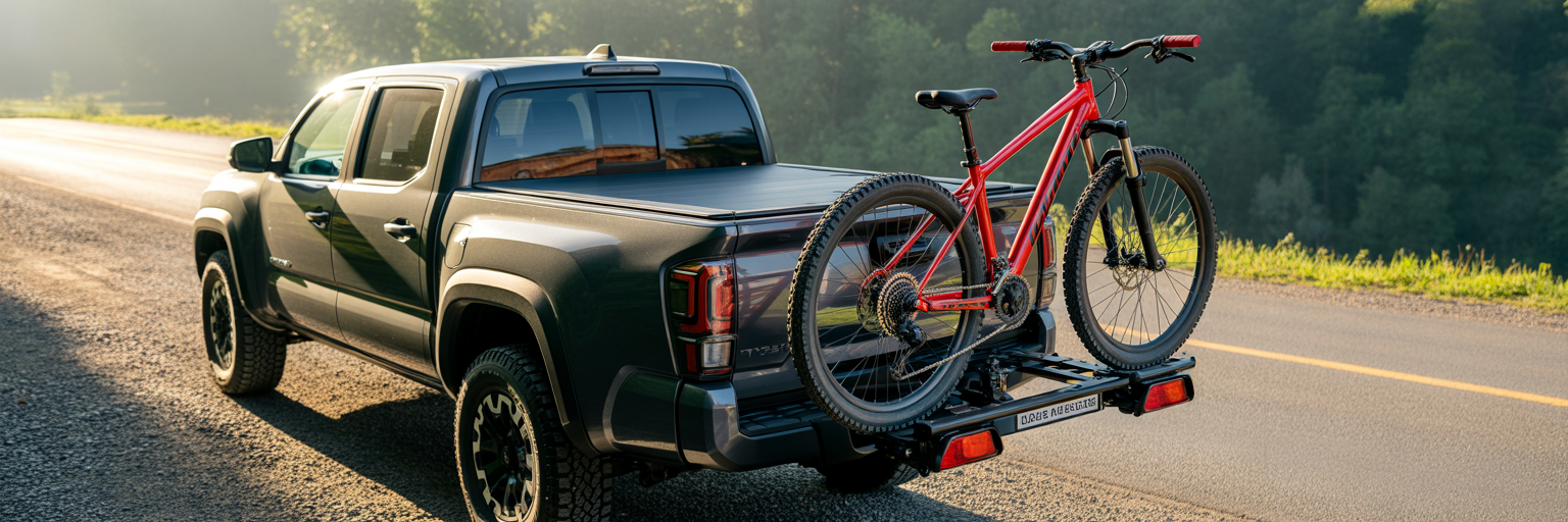 Mountain bikes on rack over tonneau cover