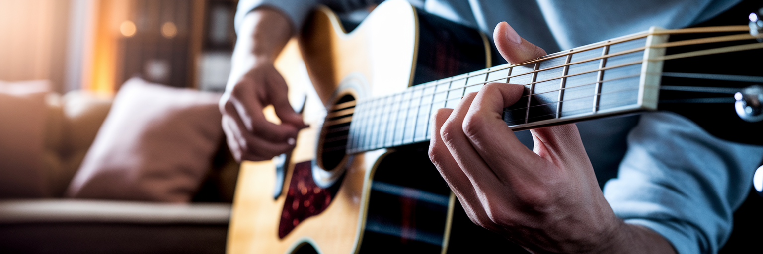 Musician tuning an acoustic guitar.