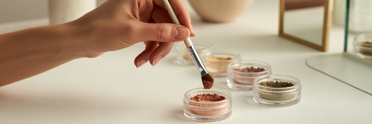 Närbild på sminkborste med mineralögonskugga.