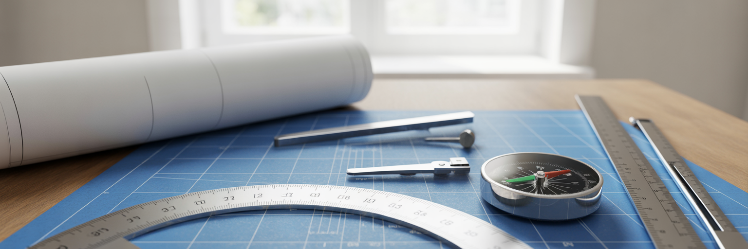 Narzędzia kreślarskie na planach instalacji fotowoltaicznej.