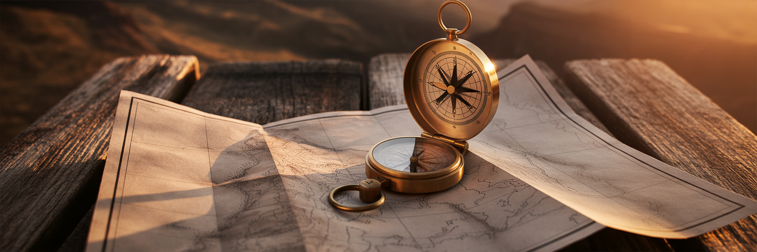 Navigational compass on a topographical map.