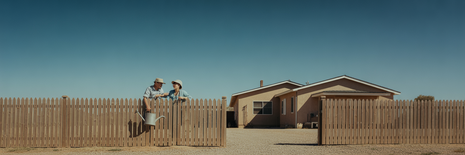 Neighbors chatting over a fence Roswell