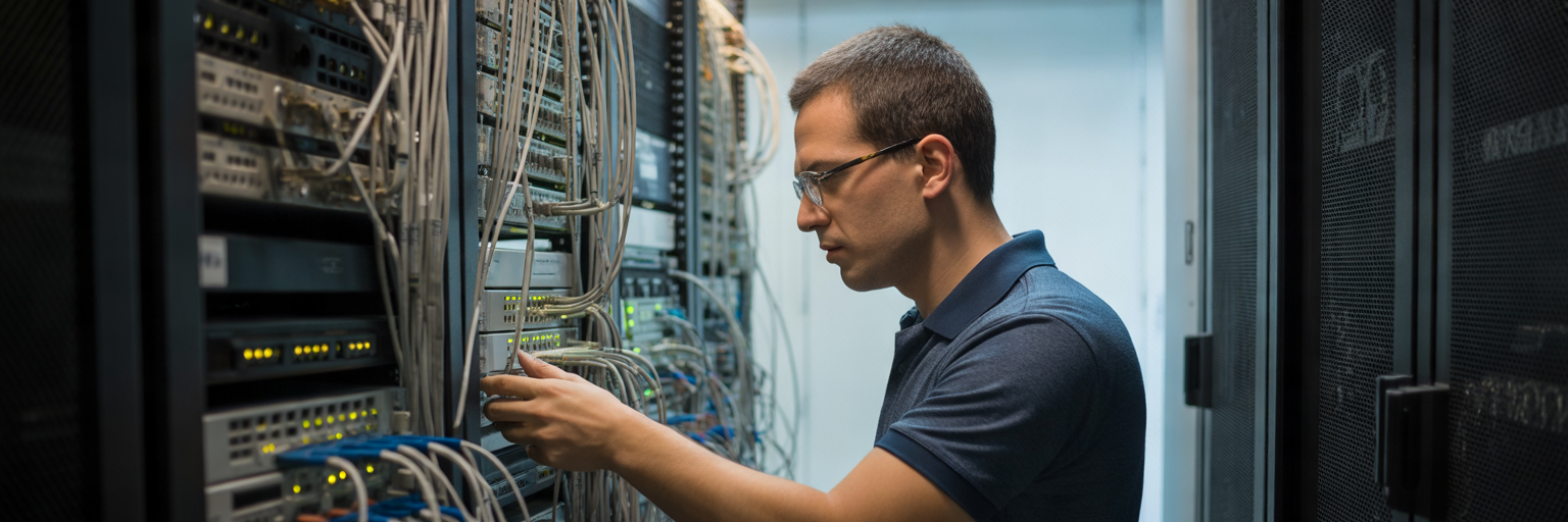 Network engineer inspecting server rack hardware