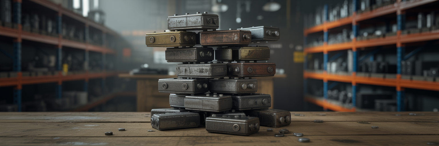 Niestabilna wieża ze zużytych części mechanicznych.