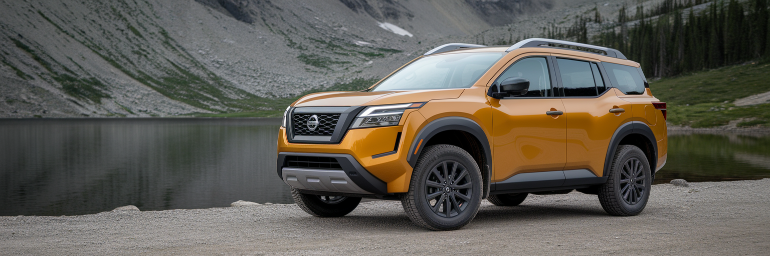 Nissan Xterra SUV parked by mountain lake.