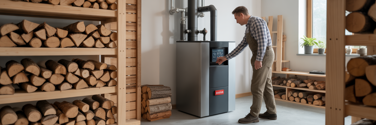 Nowoczesny kocioł na drewno w kotłowni.