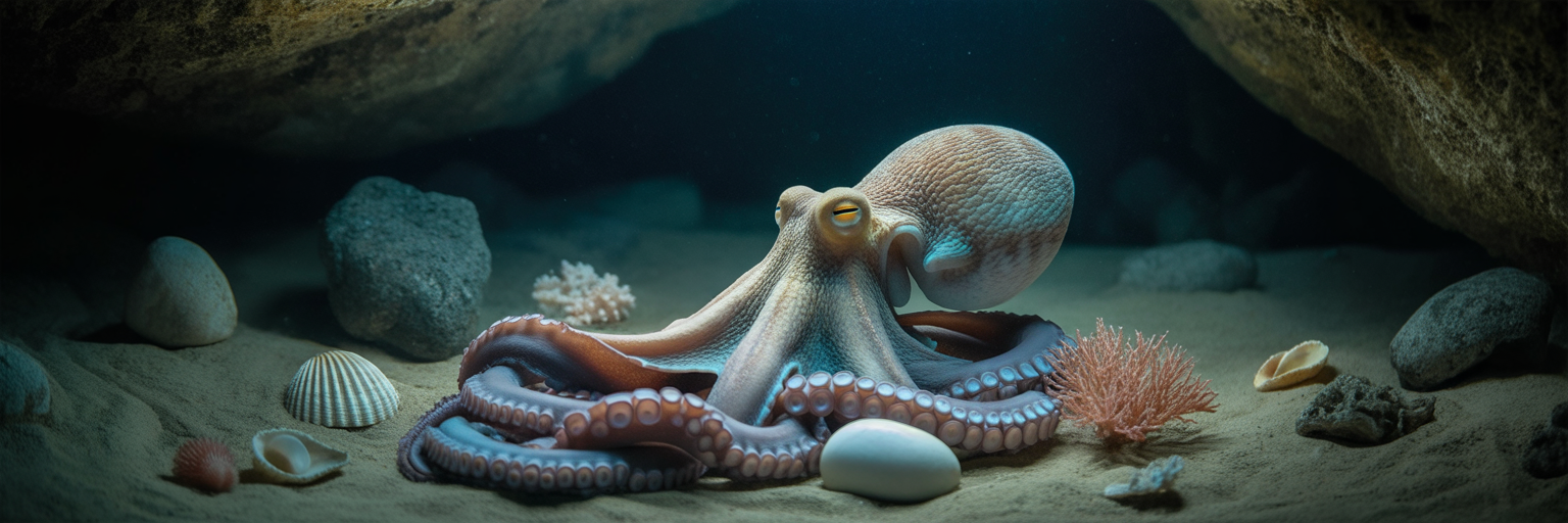 Octopus arranging shells in complex pattern