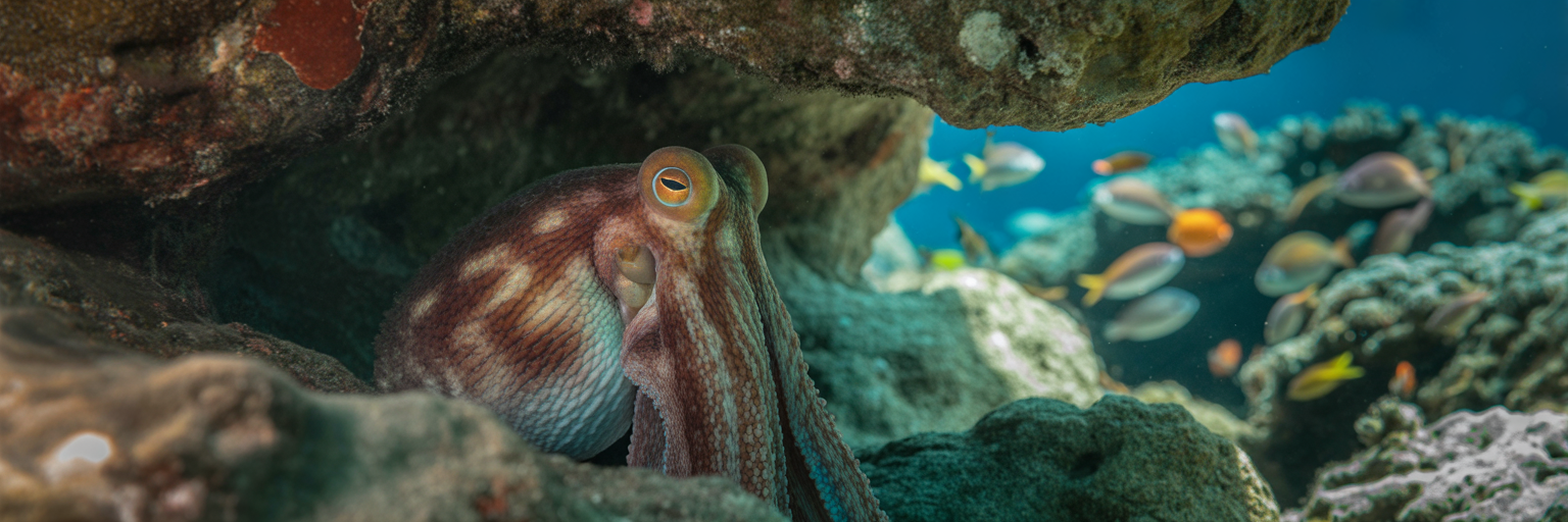 Octopus eye peering from a dark den