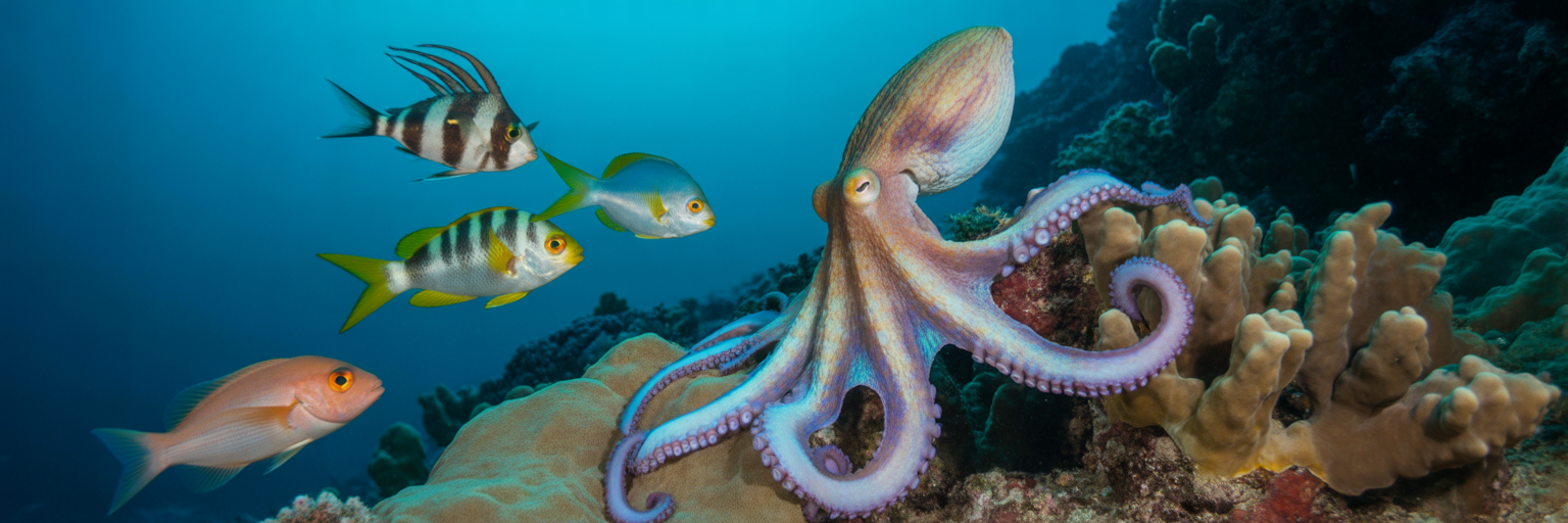 Octopus leading a group of fish