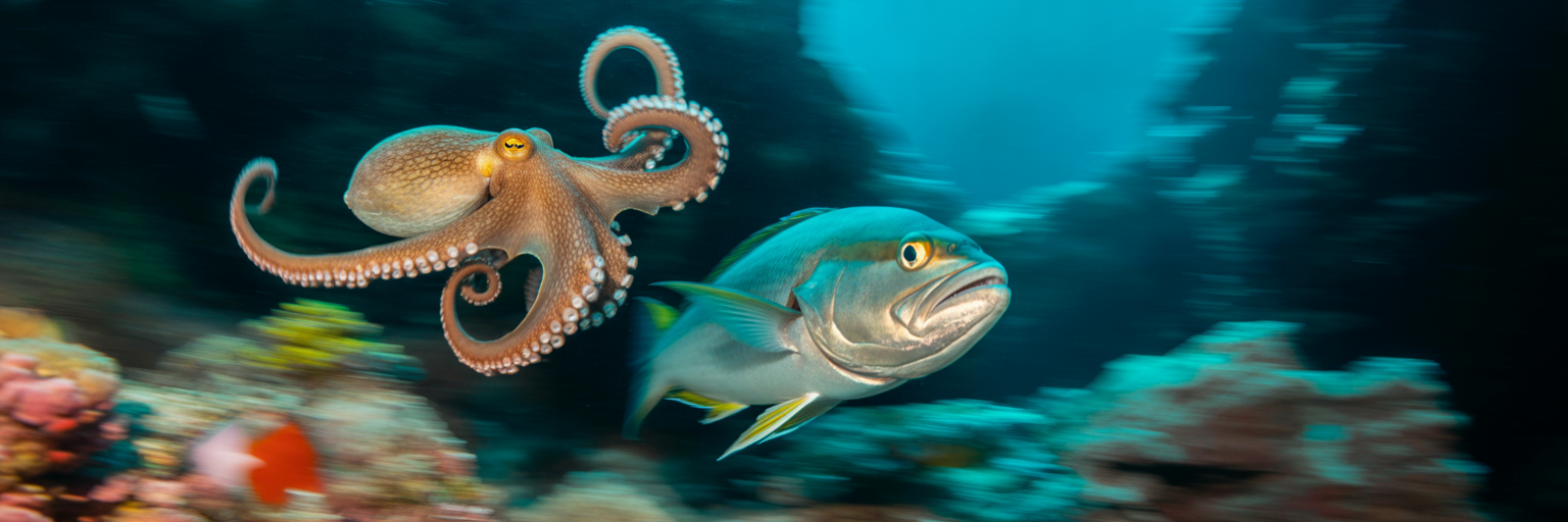 Octopus punching a startled grouper fish
