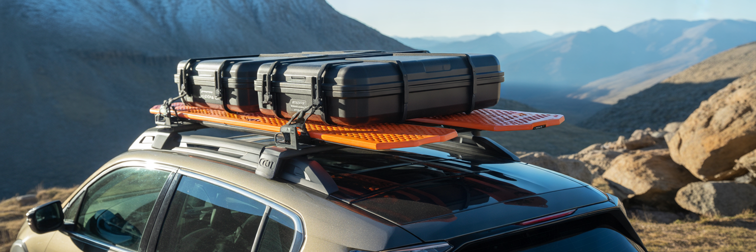 Off-road gear strapped to roof rack